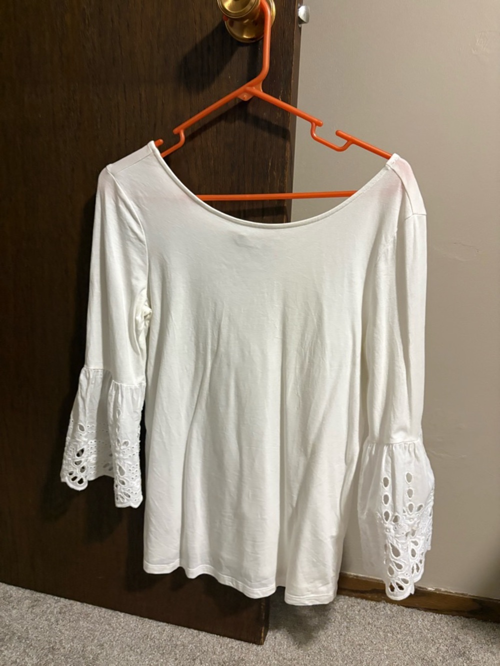 Women's White Boatneck Tunic with Eyelet Bell Sleeves